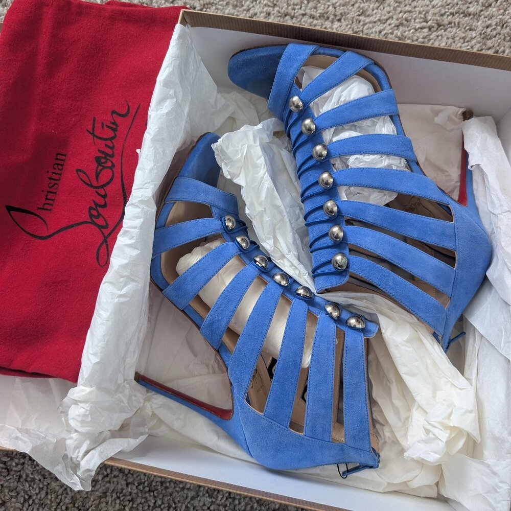 Christian Louboutin Denis 100 | Blue Suede Strappy Stud Heels EU 40 US 10/9.5